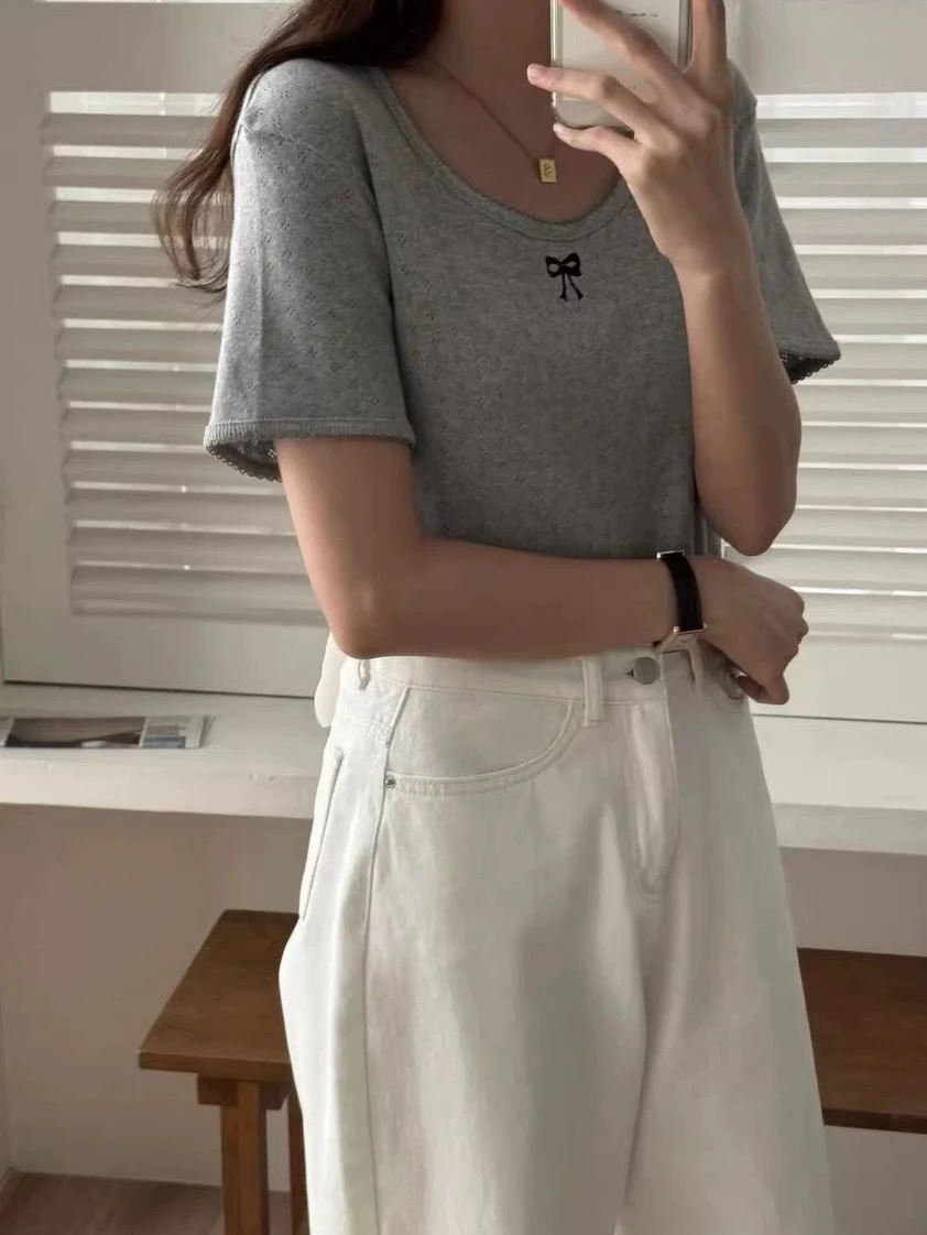Candy Miss Korean Style Art J round Neck Casual Comfortable Hollow Cartoon  Knot Short Sleeve T-Shirt Cotton Spring ...