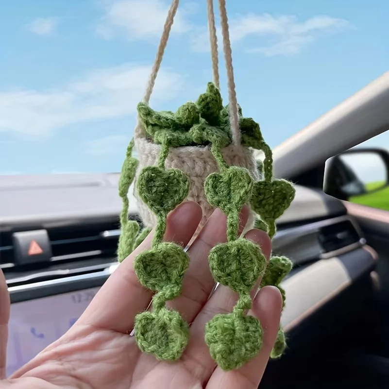 NEW Cute Potted Plants Crochet Car Basket,Hanging Plant Crochet for Car Decor,Car Ornament Rear View Mirror Hanging Accessories