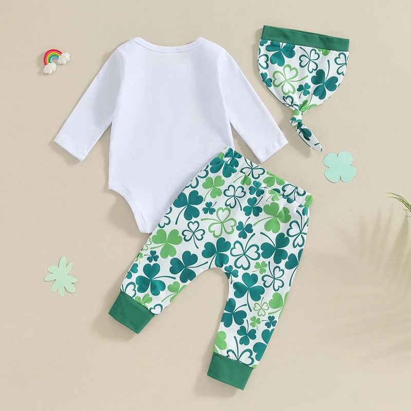 Baby Boy Irish 3Pcs Outfit Shamrock Print Long Sleeve Romper and Elastic Pants Beanie St. Patrick's Day Set Fall Spring Clothes