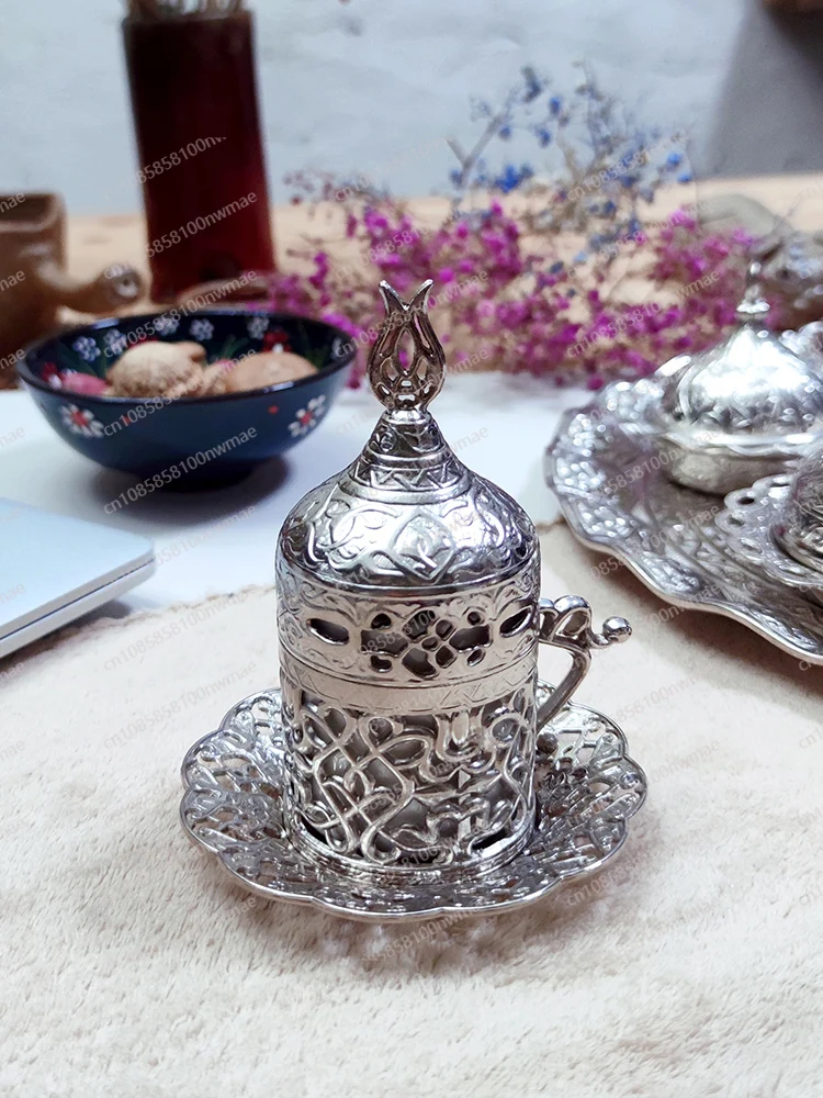 Classic Copper Alloy Turkish Coffee Cup Retro Silver Set with Lid European Style Small Luxury Exquisite