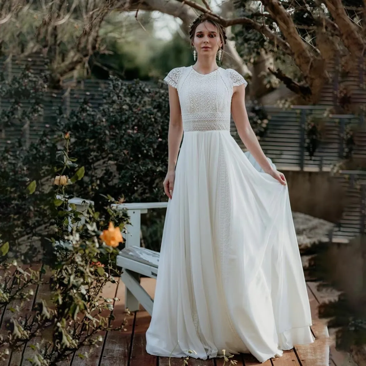 Lakshmigown Bohemian Hochzeitskleid mit Spitzenärmeln, Boho Langes Brautkleid aus Chiffon, Strand-Brautkleid, Robe De Marie, Maßanfertigung – Detail 5