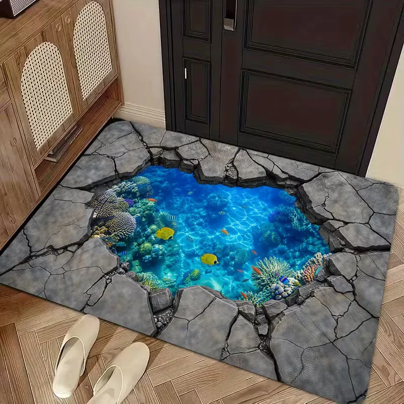 2D Crack Stone Ocean Underwater World Doormat Coral Tropical Fish Print Soft Entrance Rug Indoor Outdoor Creative Front Door Mat