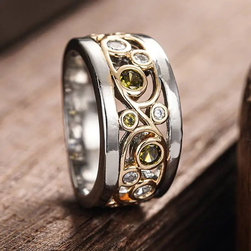Huitan Modischer Damenring mit Hohldesign für Partys Zweifarbiges Damen-Accessoire Persönlicher Alltagsschmuck für Damen mit Glänzenden Zirkonia-Steinen