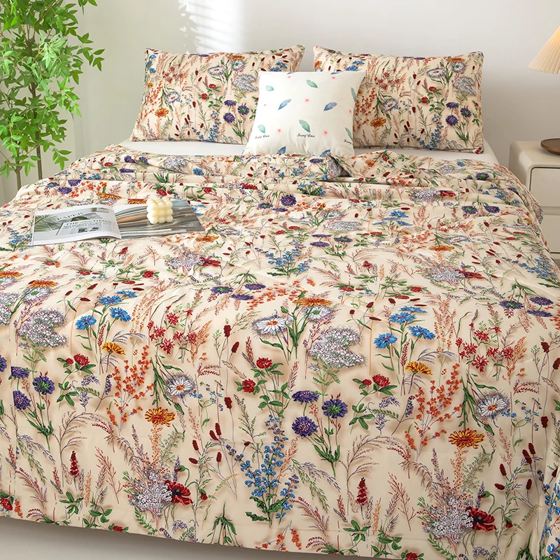 Flower Printed Quilt for Summer Single/Queen Size Comforter Quilted Bedspread for Home Smooth Summer Duvet Floral Style Blanket