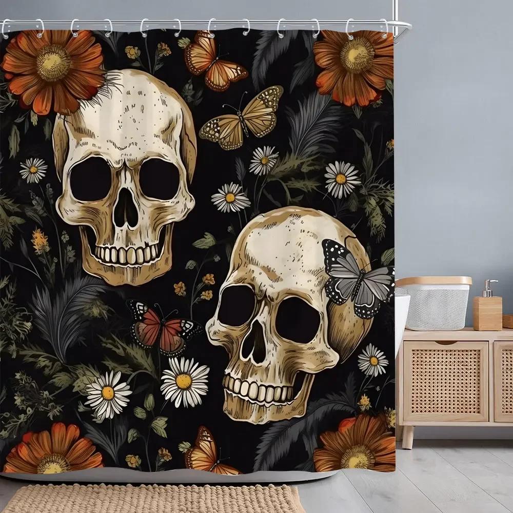 Halloween Skulls Roses Shower Curtain Horror Skulls Crows Red Flowers Polyester Fabric Shower Curtains Bathroom Decor with Hoo