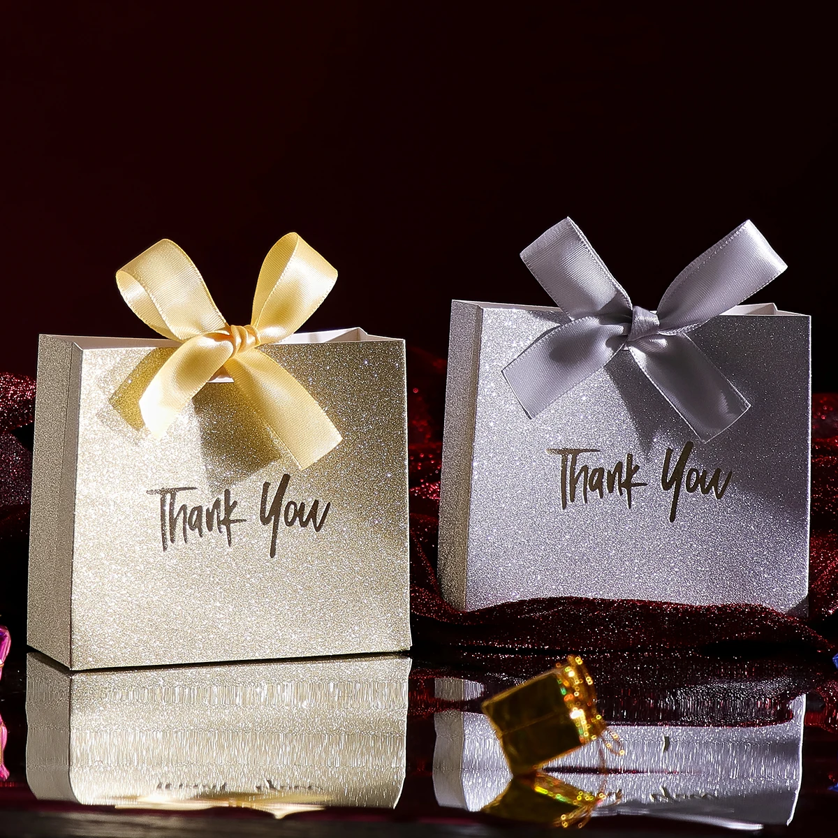 10 Pack Gold and Silver Glitter Thank You Gift Boxes with Ribbons, Mini Candy Boxes, Chocolates and Small Gifts, Glittering Gold