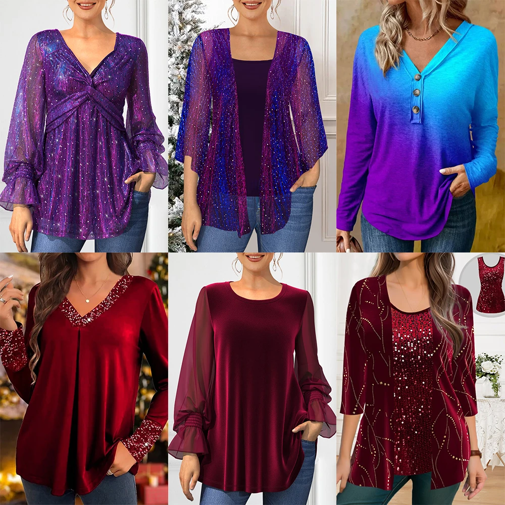 Flycurvy Plus Size Jesień Zima Casual Blue Colorblock Ombre Button V Neck Bluzka z długim rękawem