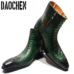 Luxury Men Ankle Boots Shoes Black Green Crocodile Print Zipper Casual Men Dress Shoes Genuine Leather Chelsea Boots Men