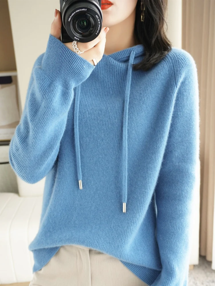 หมวกไหมพรมถักทรงโอเวอร์ไซส์สำหรับผู้หญิง ฤดูใบไม้ร่วง ฤดูหนาว เนื้อผ้านุ่ม สวมใส่สบาย อุ่นสบาย สไตล์ลำลอง แขนยาว มีฮู้ด