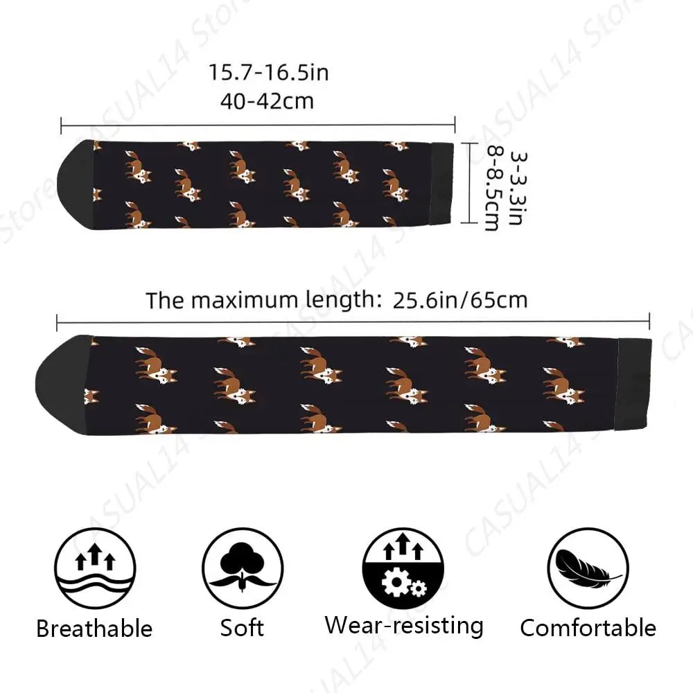 Cute Fox Funny Socks Brown Sitting Fox Cartoon Woodland Animals Print Autumn Novelty Casual Crew Socks Contrast Color Design