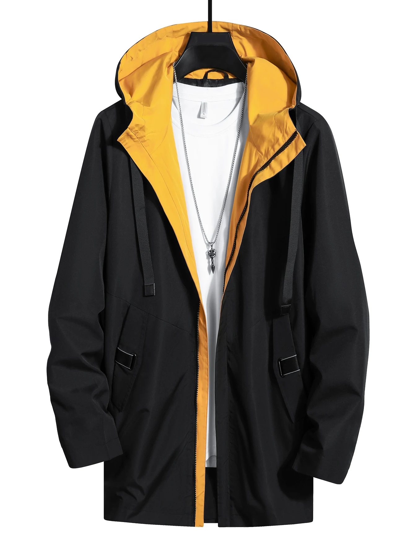 

Мужской городской контраст - плащ с капюшоном на подкладке | Черный и желтый, легкий слой с регулируемыми ремнями