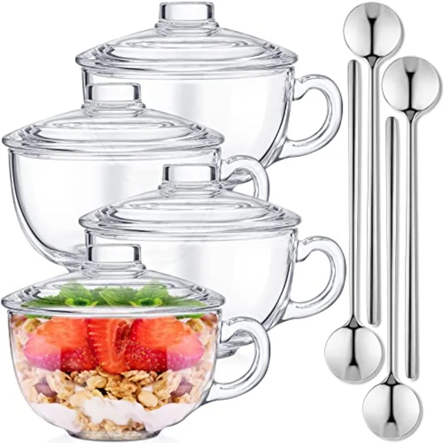 

Set of 4 Glass Cereal Bowls Microwave Safe Glass Soup Bowls with Handle and Spoon Clear Oatmeal Glassware Mixing Ramen Pot Coff