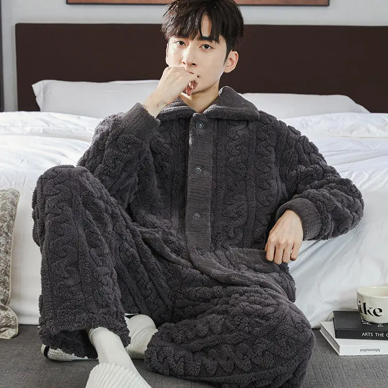 

Man Clothing Man Pajama Set Winter Fleece-Lined Fashion Large Pajamas Sweatshirt Loose Bathrobe Homewear Casual Shirt Wholesale