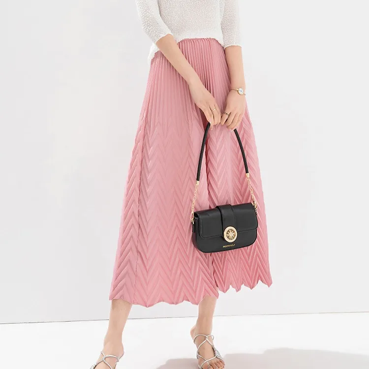 Miyake Skirt Women's Fashionable and Versatile Handmade V-pleated Solid Color Elastic Drape A-line Pleated Skirt 2024 Spring New