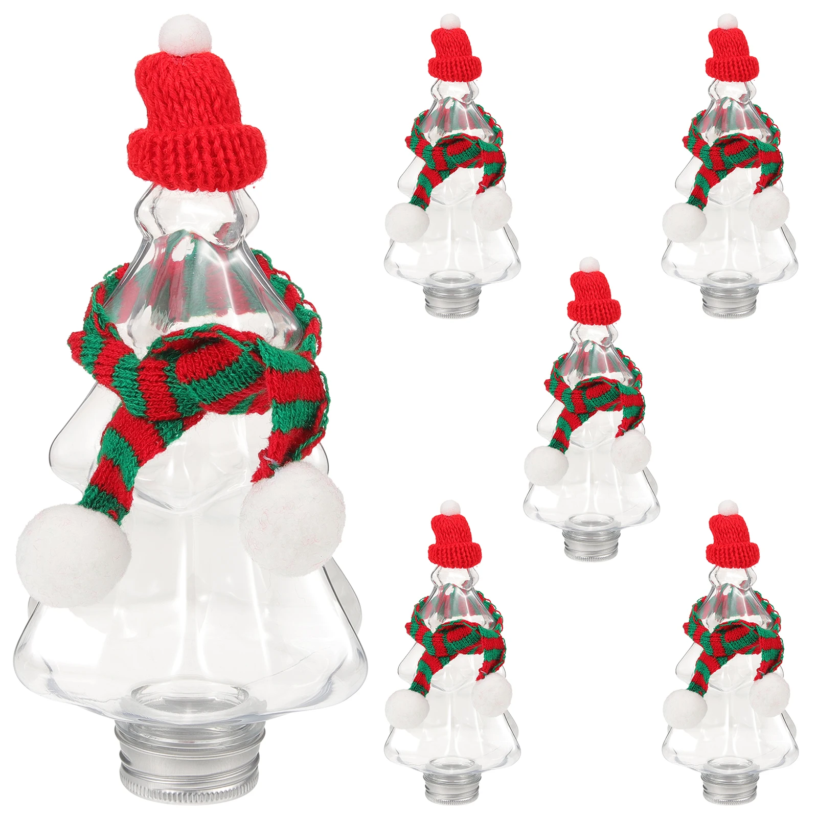 6 Sets Christmas Juice Bottles With Hats And Scarves Christmas Tree Shaped Candy Cookie Jars Empty Juice Milk Beverage Bottles