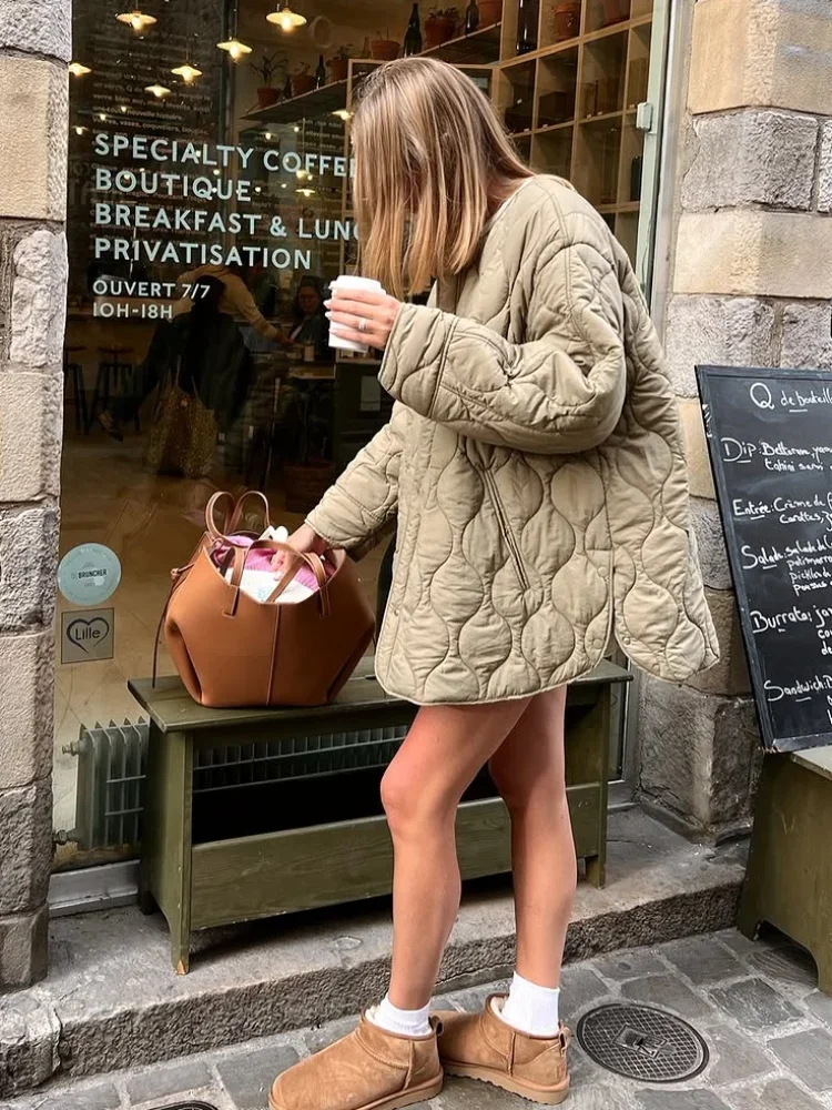 Ladies Padded Coat Ivory Quilted Fabric Rib Cuff Relaxed Silhouette Snap‑closure Mid‑length Outfit New Fall Winter Jacket