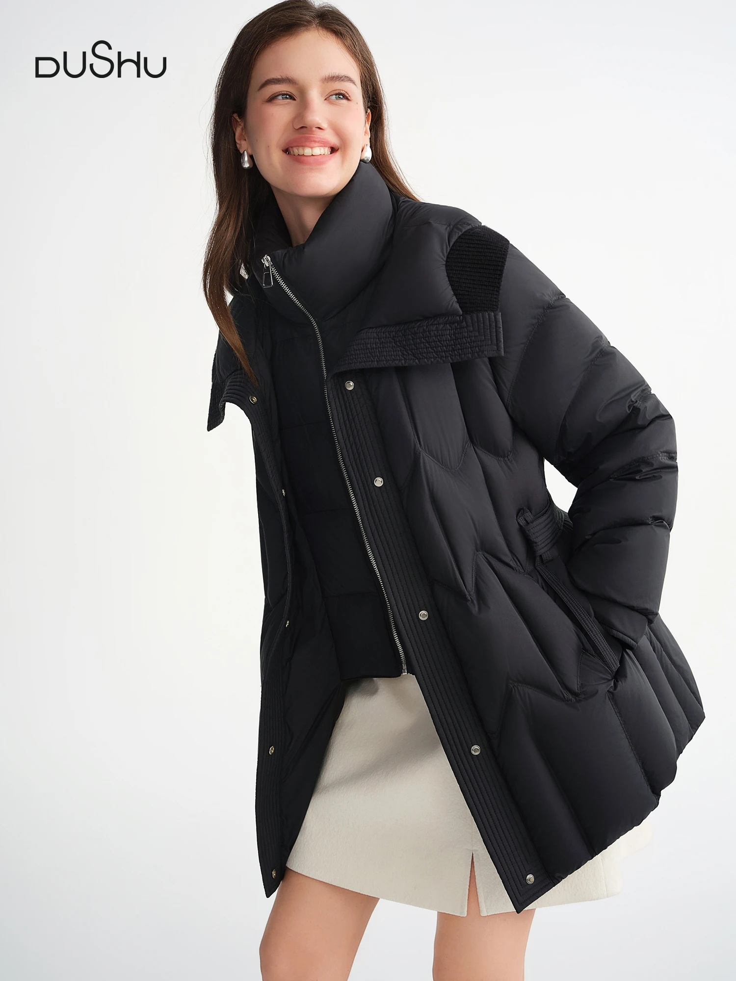 DUSHU Plus Size 2025 Vrouwen Tweedelige Stijl Splicing Gewatteerde 90% Duck Down Jas Winter Warm Stand Kraag Korte Puffer jas