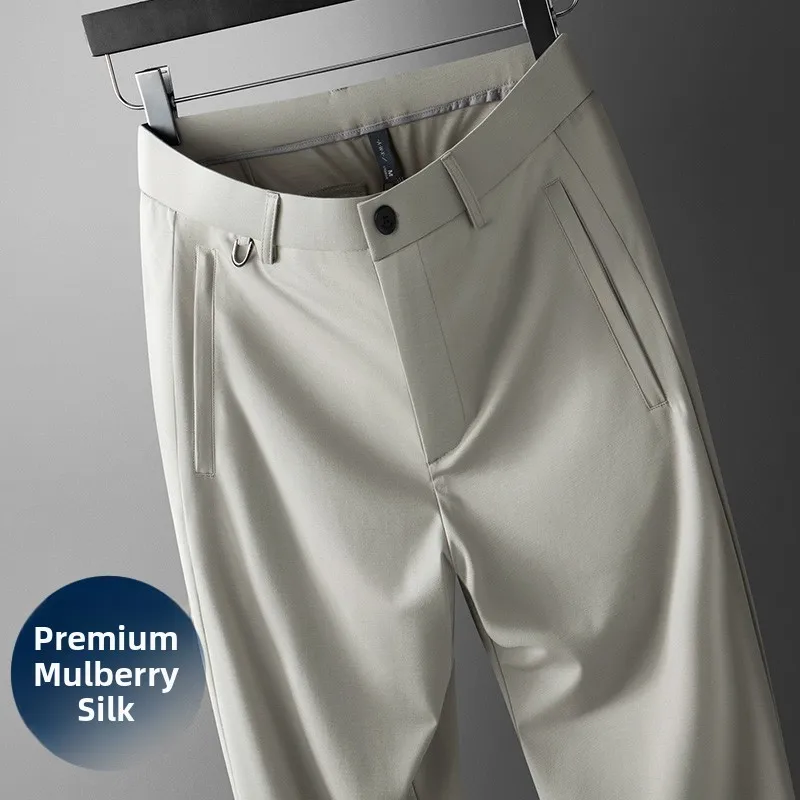 

Мужские летние тонкие повседневные брюки из премиального шелка без глажки, свободного кроя, с высокой эластичностью, не мнущиеся, прямые штанины
