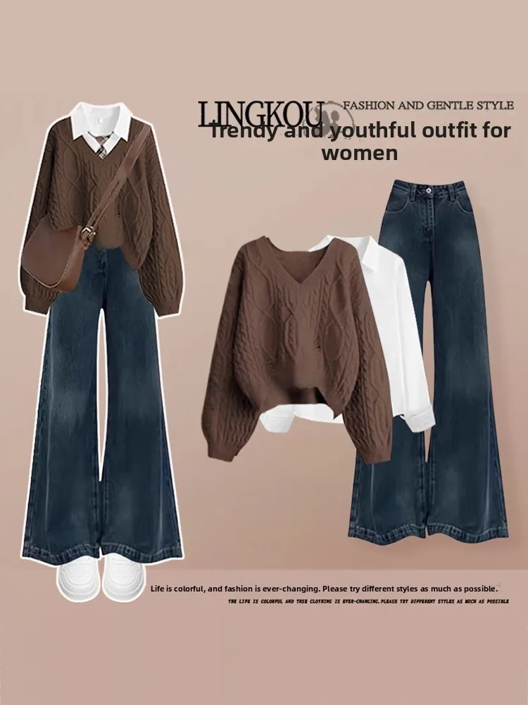 

Осенние продвинутые чувства, женский винтажный вязаный свитер Beau, джинсы для похудения, комплект из футболки, повседневный длинный рукав...