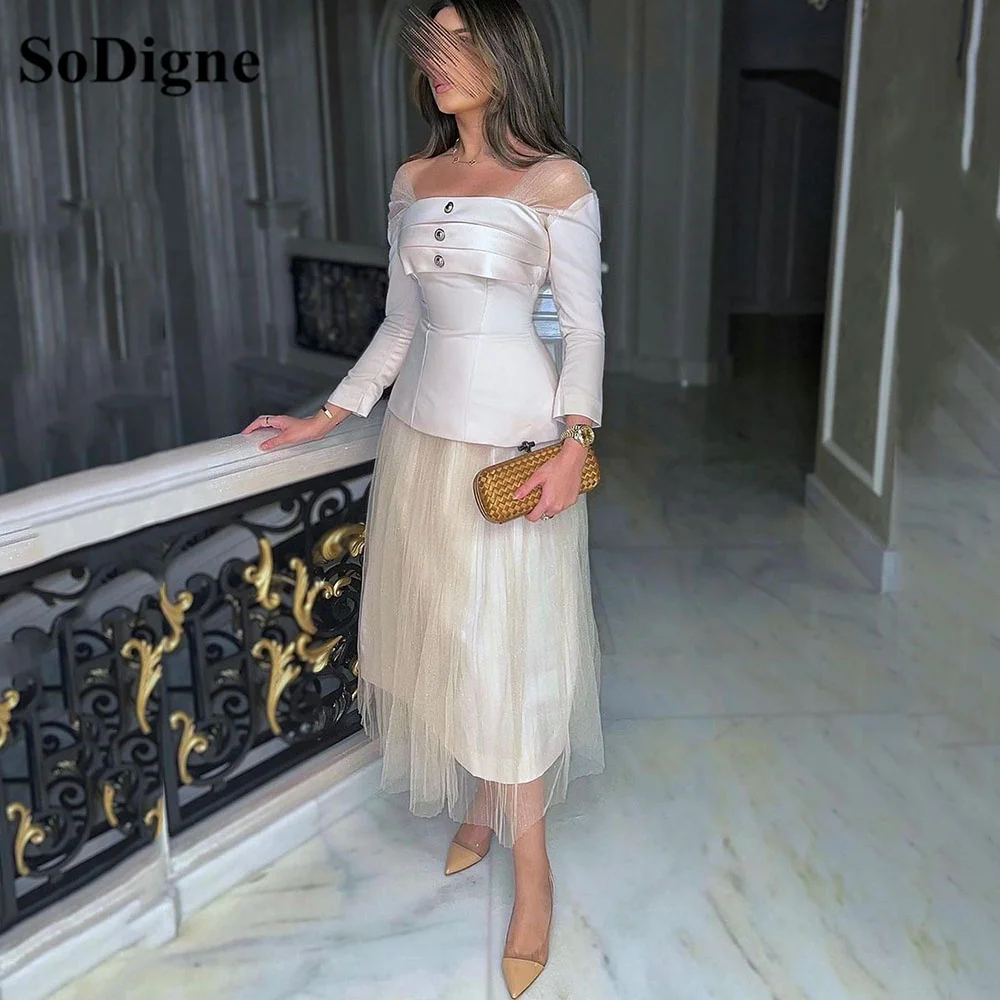 

SoDigne Ivory Long Sleeves Prom Dresses 2023 Formal Gowns Saudi Arabia Satin Evening Dress Satin Tulle Homecoming Party Gowns