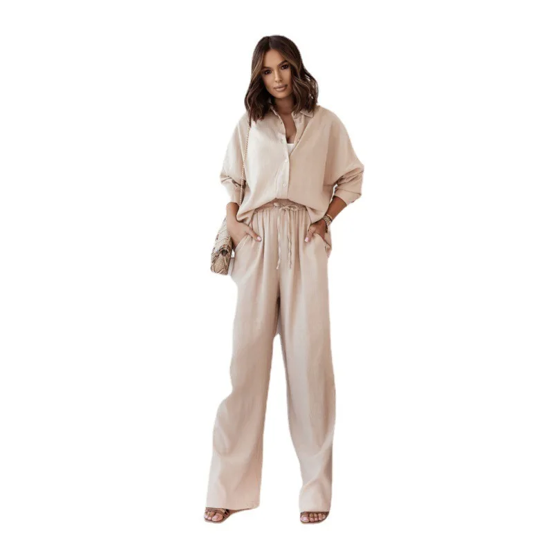 

JY Spring and Autumn new loose elastic pleated long sleeved shirt, wide leg pants casual set, elegant two-piece commuting set