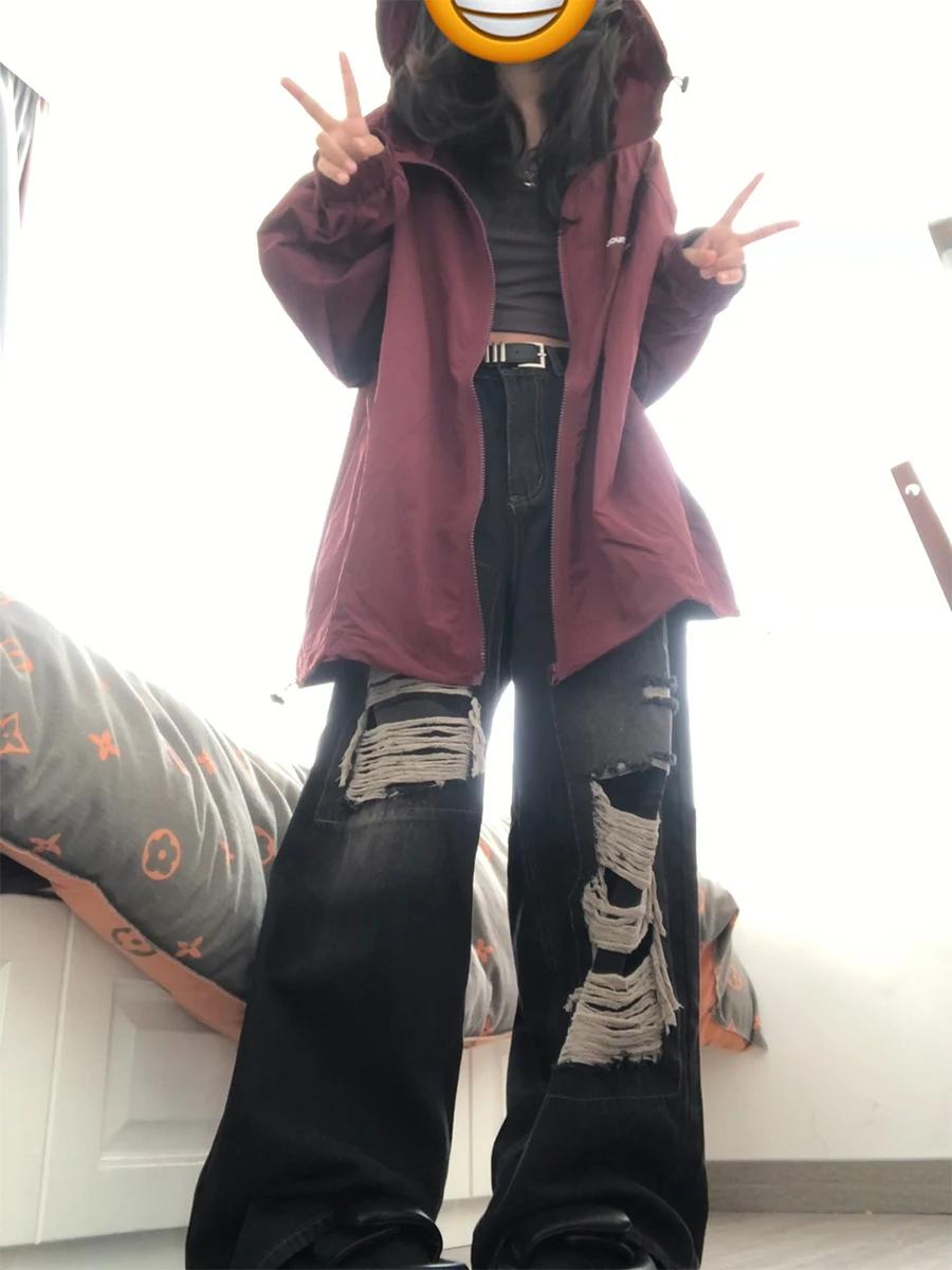 

Retro American Streetwear High Waist Loose Straight Leg Jeans Women Summer Trendy Hole Punching Hip Hop Long Trousers