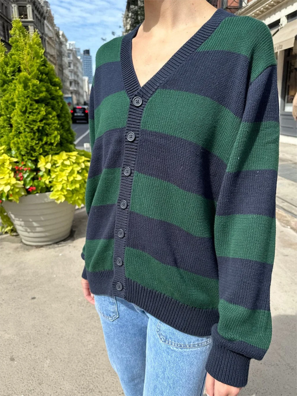 Preppy Style Striped Loose Sweater Cardigan Autumn Sweet V-Neck Long Sleeve Oversized Coat Woman Cute Vintage Outerwear Top