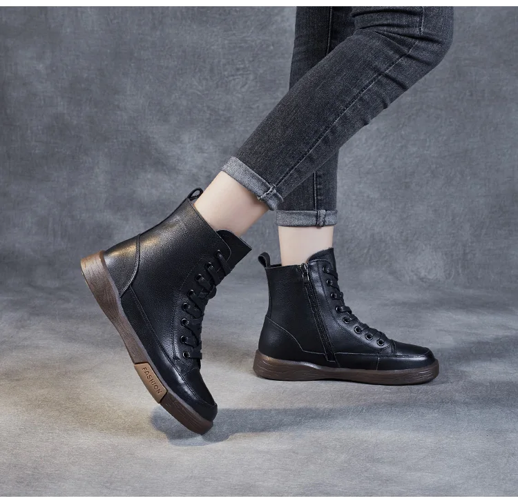 DRKANOL Frauen Echtes Leder Kurze Stiefel Runde Kappe Aus Echtem Leder Handgemachte Retro Street Style Winter Warme Wohnungen Stiefeletten – Detail 14
