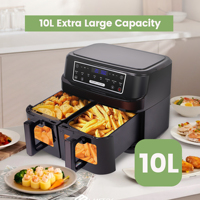 Hot air fryer 2 chambers with viewing window, 10L Double  drawers, Hot air fryer with touch screen 8 auto progrmas