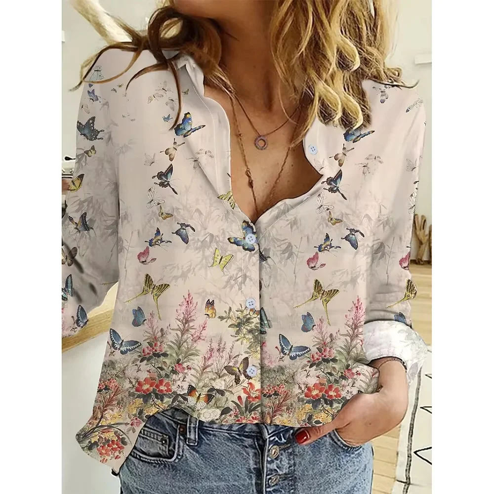 

2025 New Women Shirts Long Sleeve Lapel Butterfly Printed Shirt Summer Autumn Fashion Streetwear Casual Top Women's Clothing