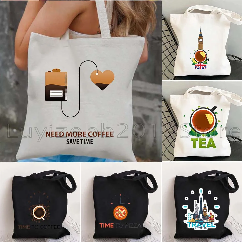Regalos divertidos, tiempo de café, viaje, Pizza, té, hora, necesita más café, bonito bolso de lona, bolso de compras informal de hombro