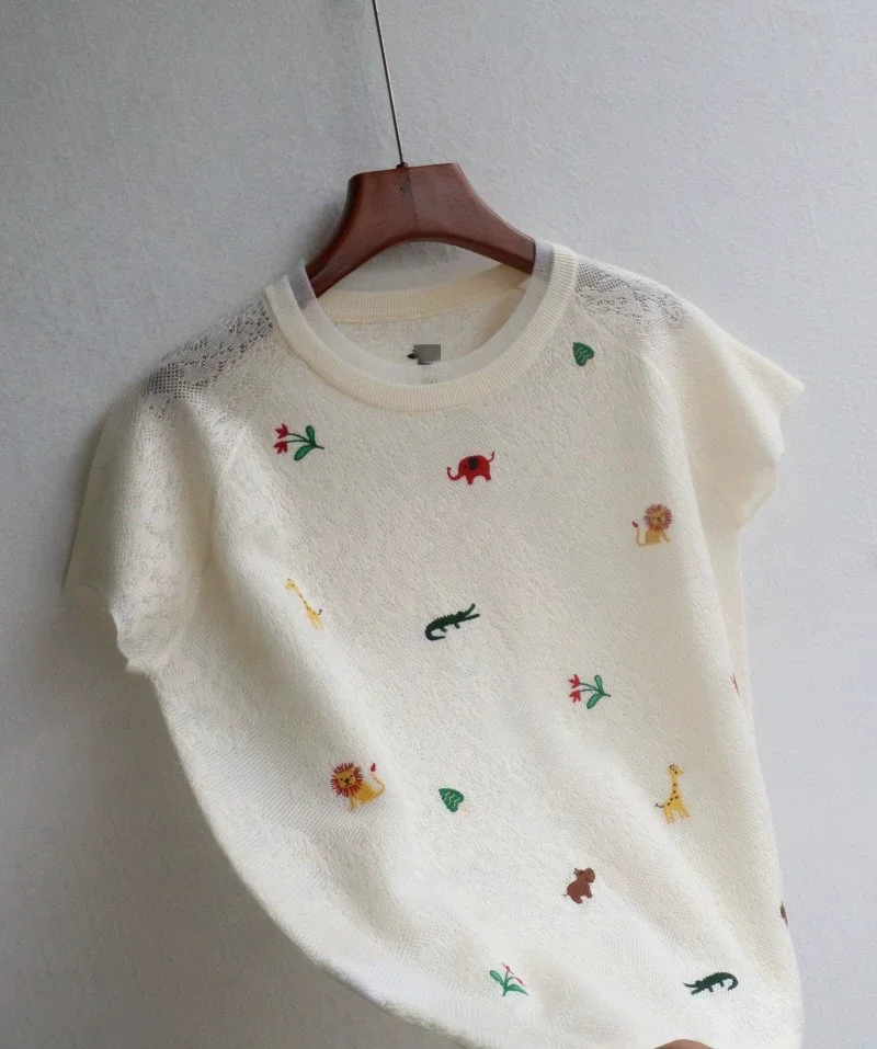 

Милая молодежная трикотажная футболка круглого цвета Ne ort Sve, тонкий свободный шерстяной шелковый женский летний топ с вышивкой