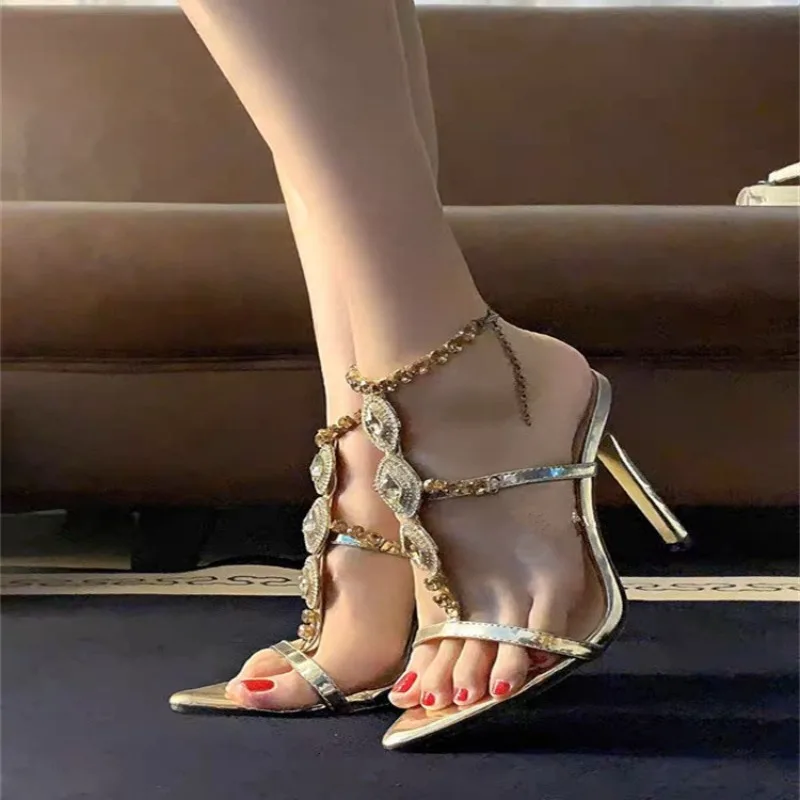 

Fashion Women's Pumps and Heels Rhinestone Gemstone Thin Heel Open-toe Sandals for Women Temperament Elegant Banquet Women Shoes