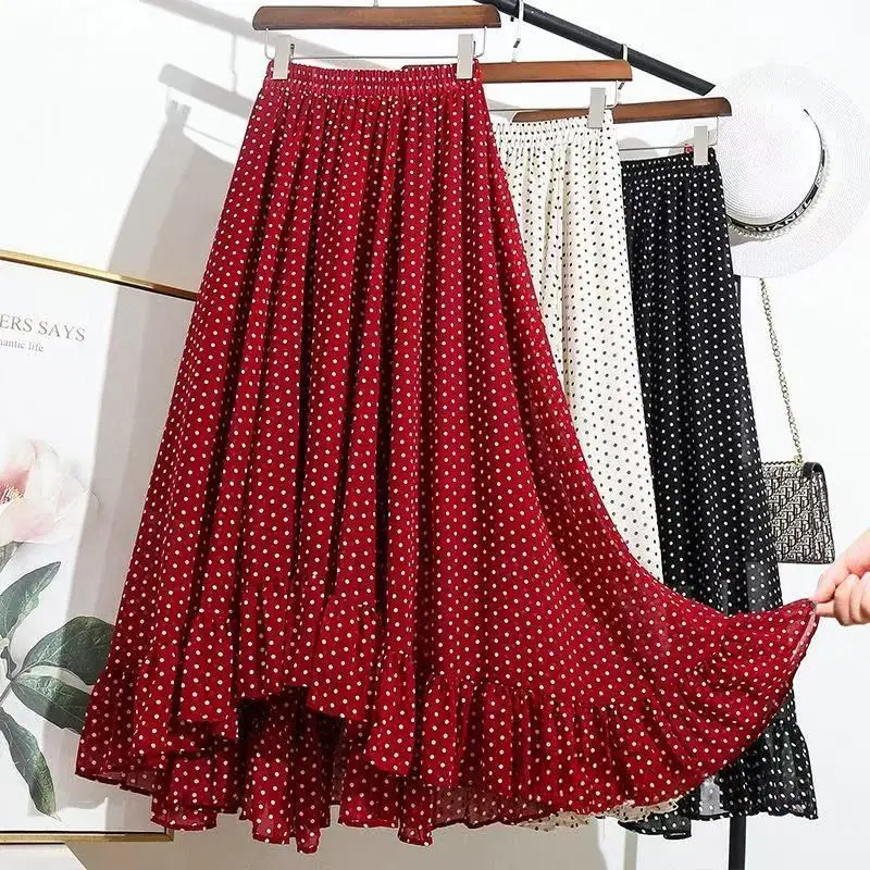 

Polka Dots Chiffon Skirt Women High-waist Harajuku Vintage Irregular Midi Skirt A-line Boho Skirts Ruffled Maxi Skirts Trend