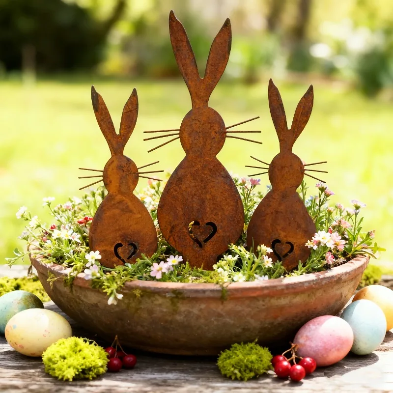 3pcs Rustic Acrylic Garden Decor Set Iron Outdoor Planters Easter Bunny Floral Design with Hearts Easter Holiday Celebrations