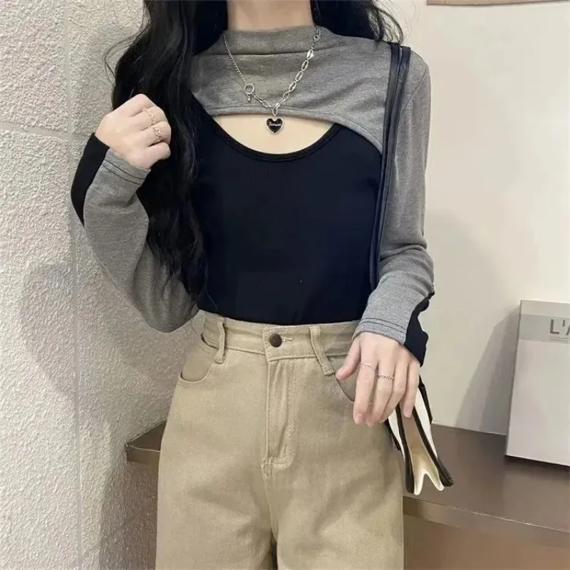 T-shirt Autumn Winter New Style Contrasting Color Stitching Hollow Tees Slim Long-sleeved Bottoming Shirt Tops for Women