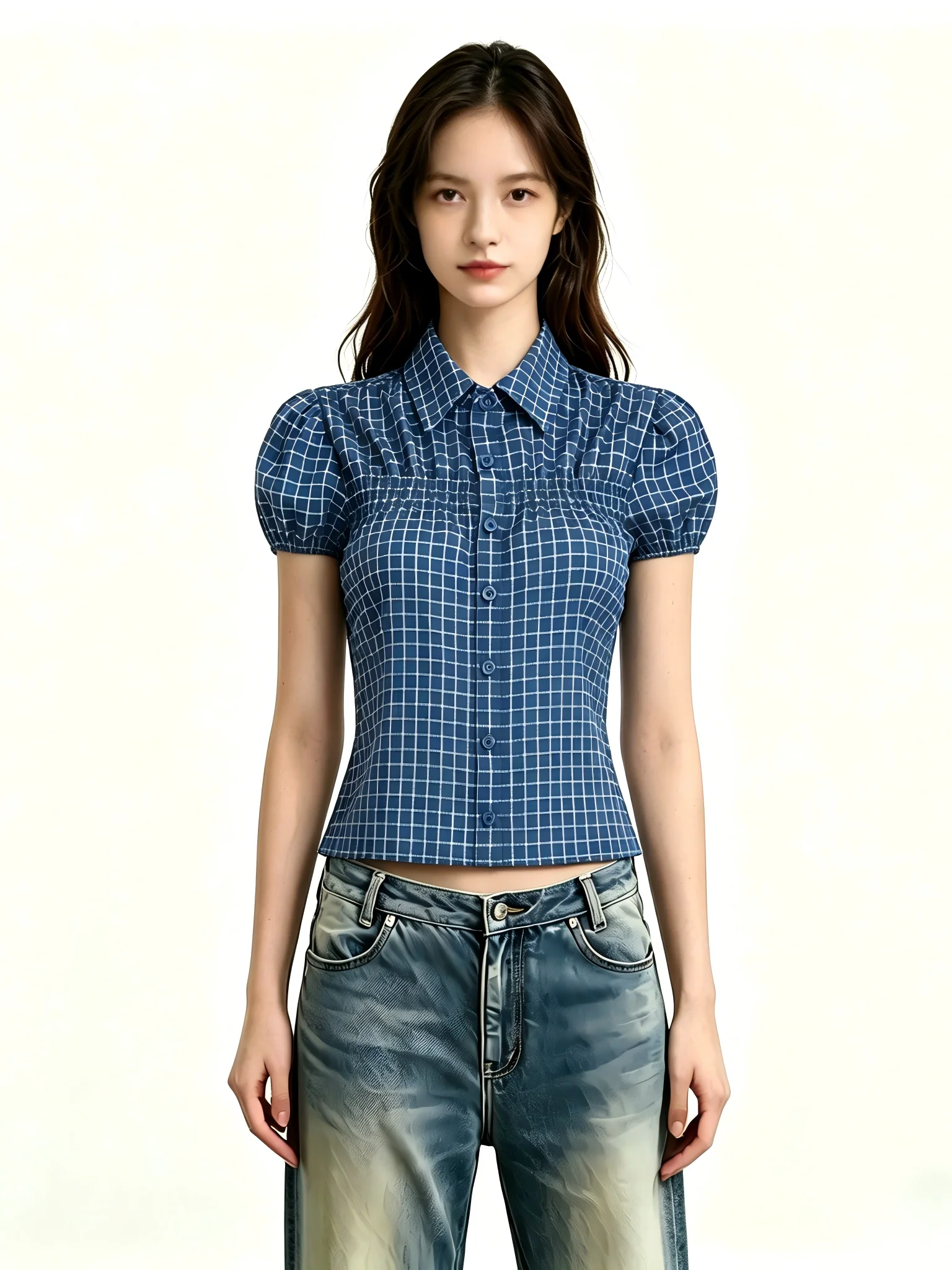 

WEEKEEP American Retro Blue Plaid Button down Slim Fit Bubble Sleeve Shirt Women Casual Versatile Short Sleeve Street Style