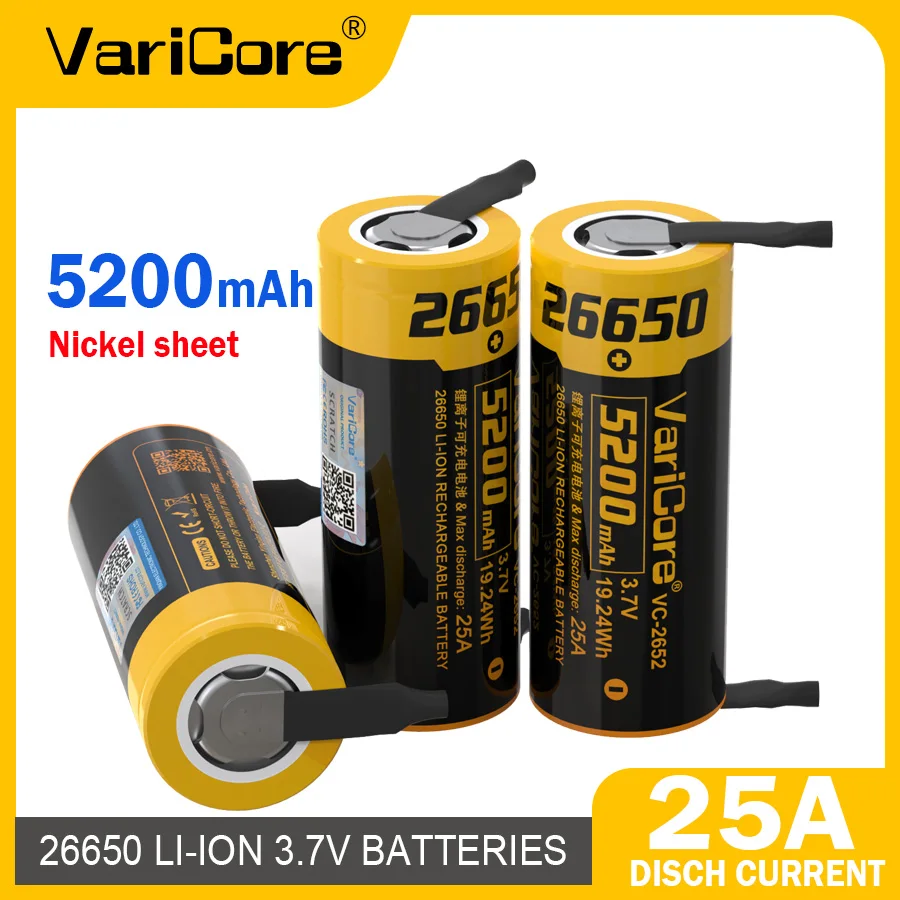 VariCore VC-2652 26650 литий-ионный аккумулятор, аккумулятор для оборудования/аккумулятор питания/напряжение 3,7 В/большая емкость 5200 мАч DIY никель