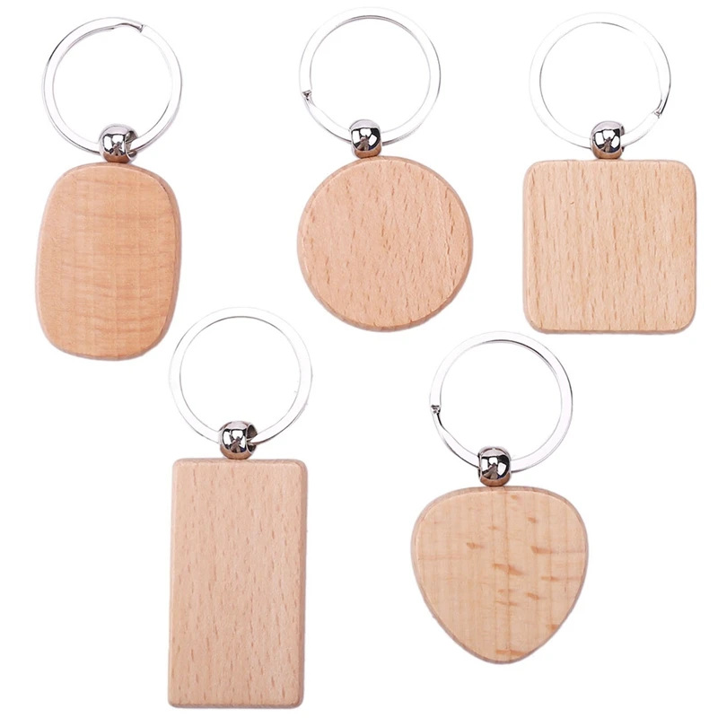 50Pcs DIY Blank Wooden Key Chain Rectangle Heart Round Ellipse Carving Key Ring Wood Key Chain Ring