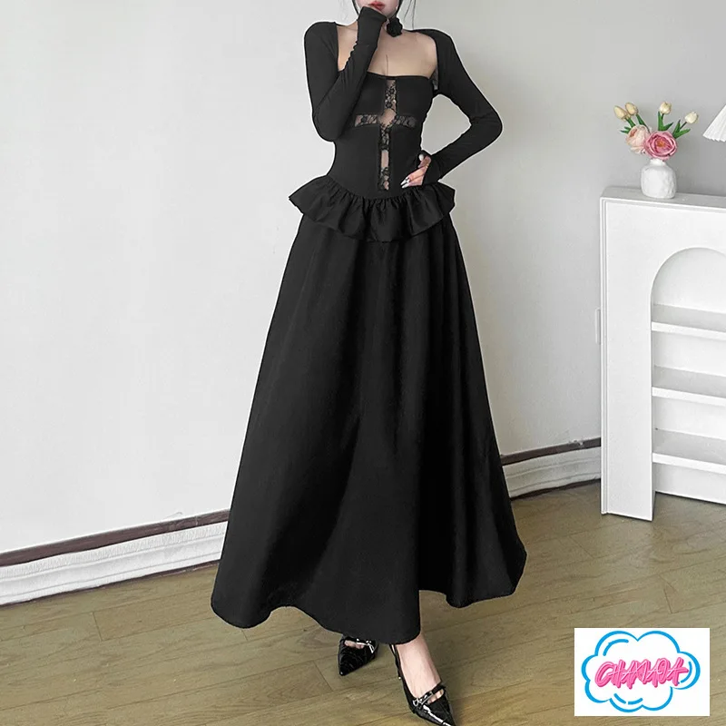 

Женский комплект из двух предметов на Хэллоуин 2025, однотонный кружевной кардиган с длинными рукавами и модное платье-топ, темно-осенний наряд ​