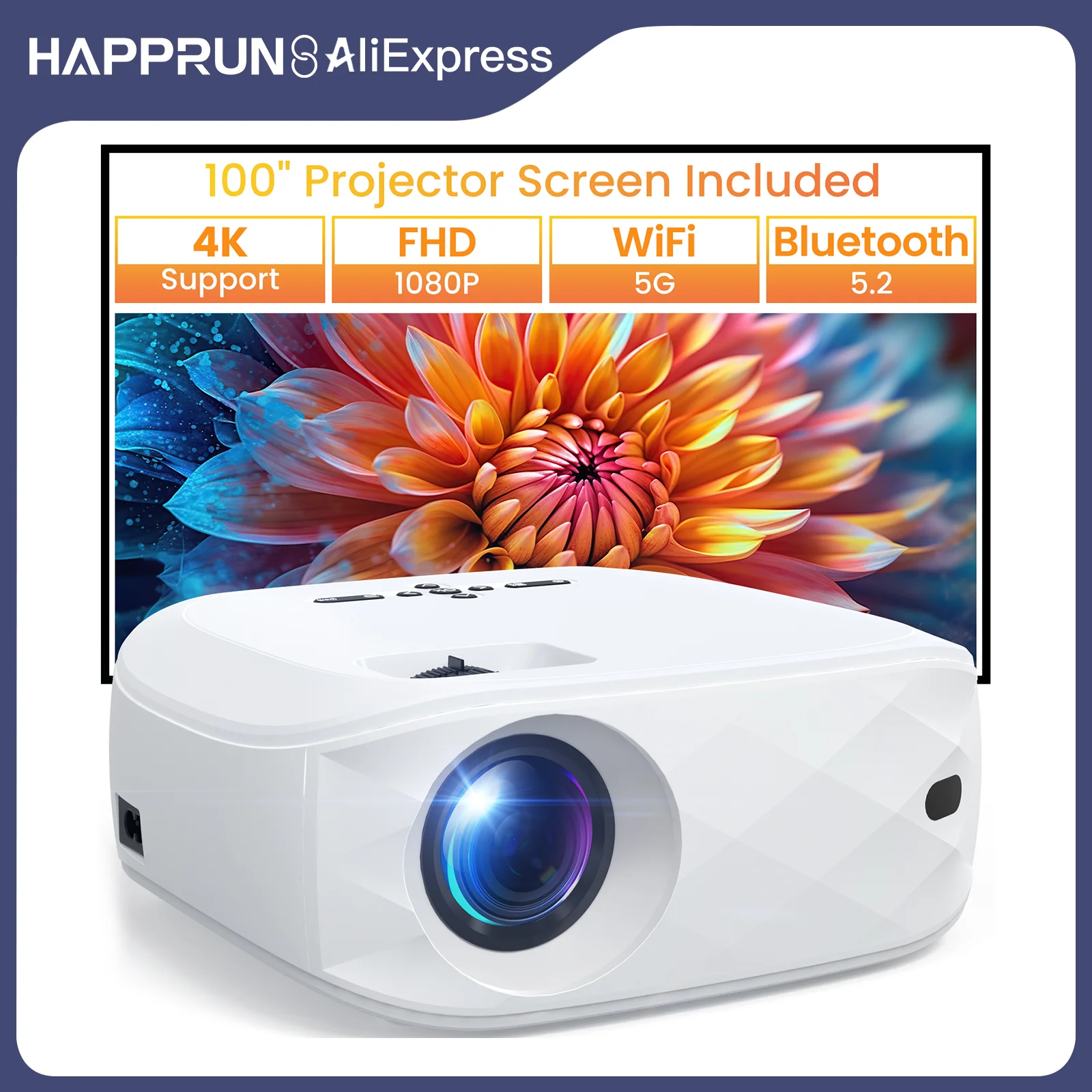 HAPPRUN 12000L 1080P WiFi Bluetooth Projector with Screen, One-Step Mirroring, Outdoor Portable Projector for Phone/HDMI/TV