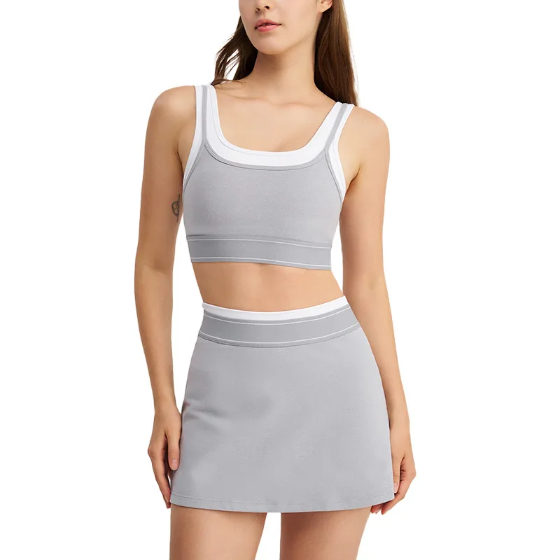 2025 High Support Sports Bra & Skirt Set - Breathable Workout Clothes for Gym, Yoga, Tennis | Fake Two-Piece Design