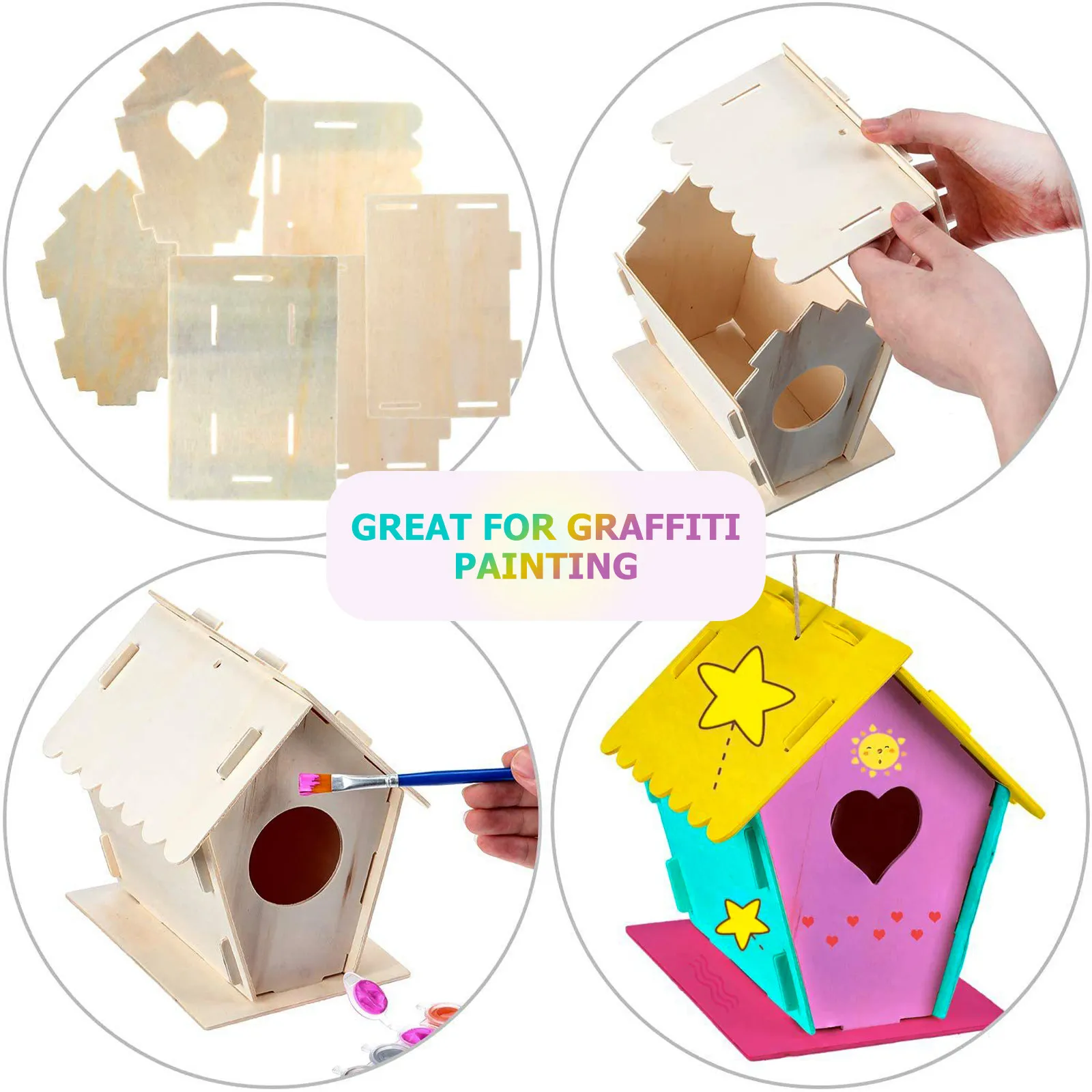 2 Sets DIY Vogelhaus-Bausatz aus Massivholz zum Bemalen und Basteln, Graffiti-Hängedekoration für Kinder, Lehrreiches Puzzle-Vogelnest