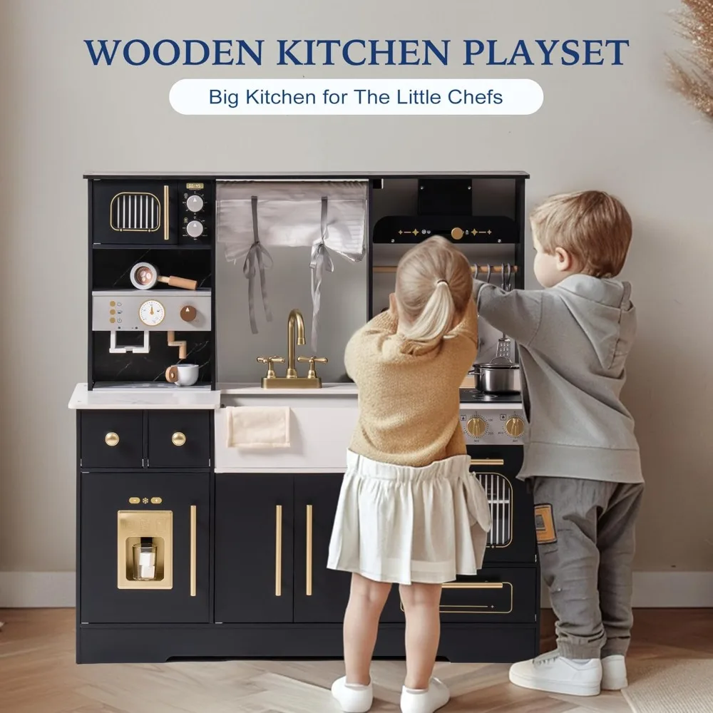 

Wooden Play Kitchen for Toddlers and Kids, Toy Kitchen Set with Ice Maker and Coffee Machine, Realistic Toddler Kitchen Set