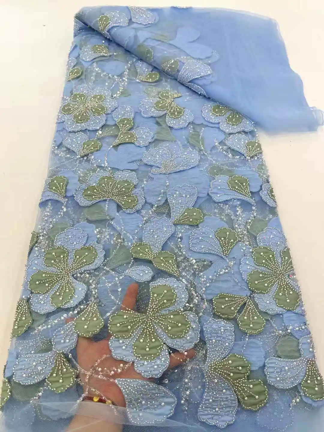 2025 New African French Nigerian High End Lace Fabric With Beads Sequins Mesh for Embroidery Wedding Party Bride Sewing Dress