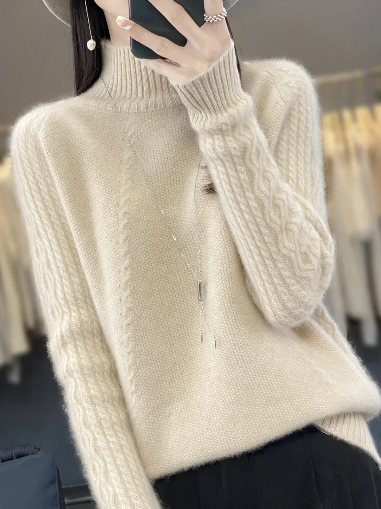 Women's 100% Merino Wool High Collar Pullover, Long Sleeve Knitted,Leisure Style Outerwear,Thick Warm Top,Fashion Trends,Winter