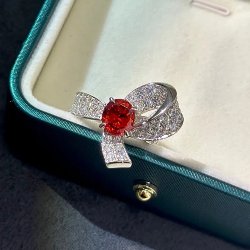 S925Silver Pigeon Red Blood Three-Dimensional Ribbon Full Diamond Oval Artificial Diamond Cultivation Diamond Ruby Ring Exquisit