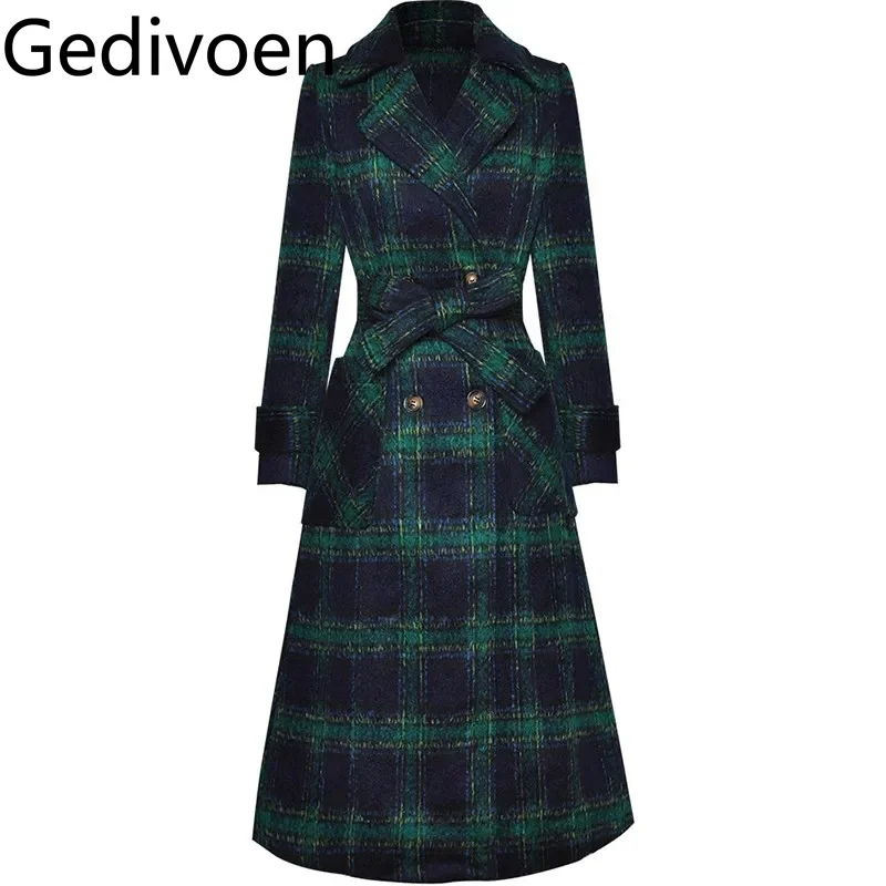 Gedivoen Fashion design Women's Coat Long-Sleeved Dluble-Breasted Lace-Up Bow Autumn and Winter Plaid Overcoat