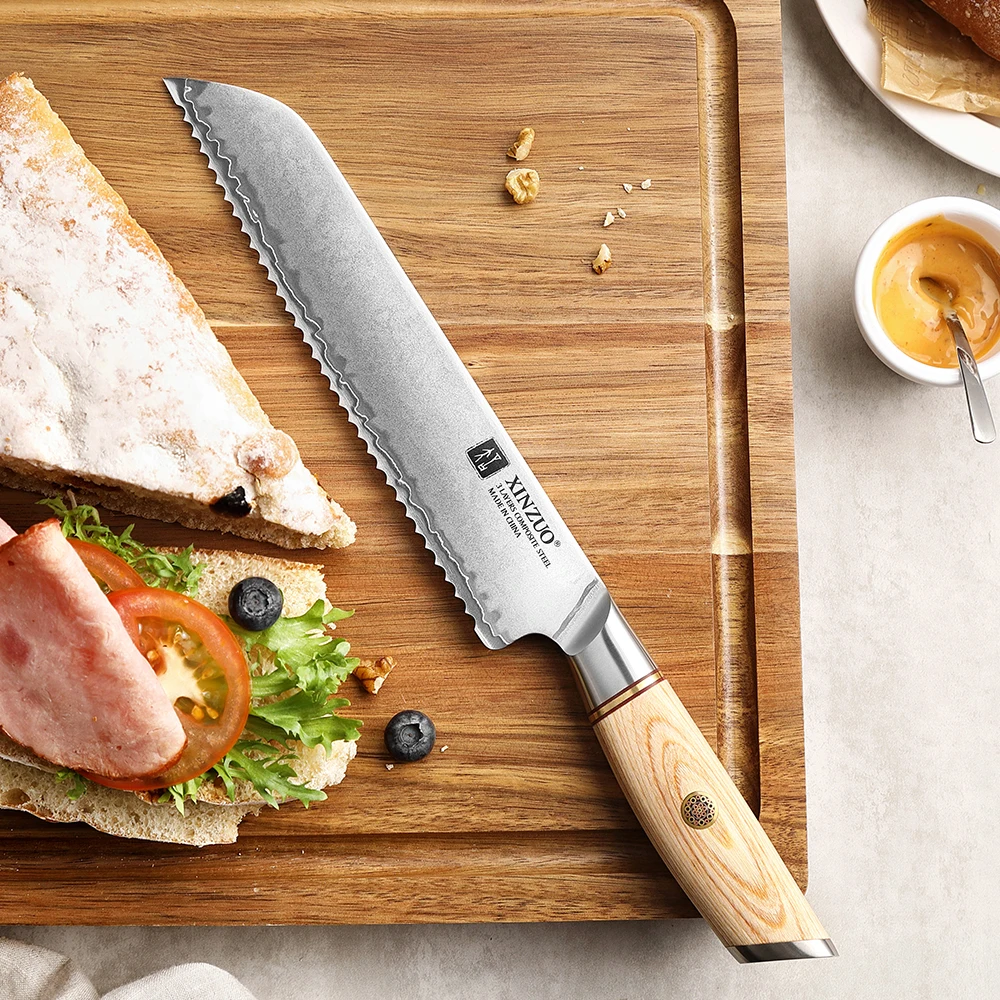 XINZUO 8.5\'\' Serrated Bread Knife Clad Steel Long Baguette Cutter Stainless Steel Loaf Bread Slicer Cake Cutting Kitchen Knives