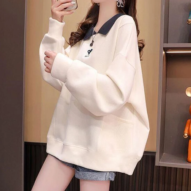 Women Trendy Embroidery Contrast Color Oversized Streetwear Sweatshirts Y2K Autumn Casual Polo Collar Long Sleeve Pullover Tops